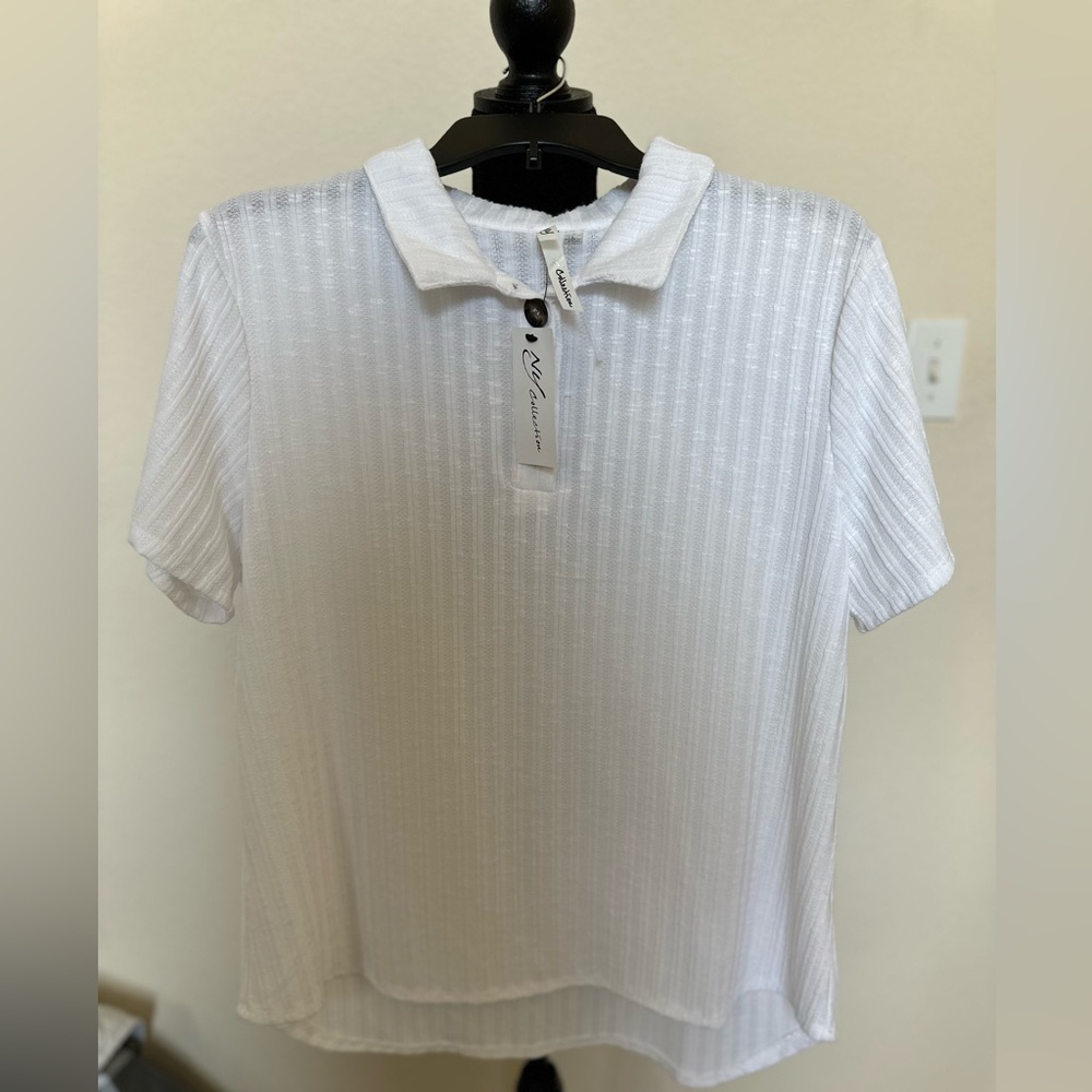 NY Collection‎ White Short Sleeve Polo Shirt. Size Large. NWT.